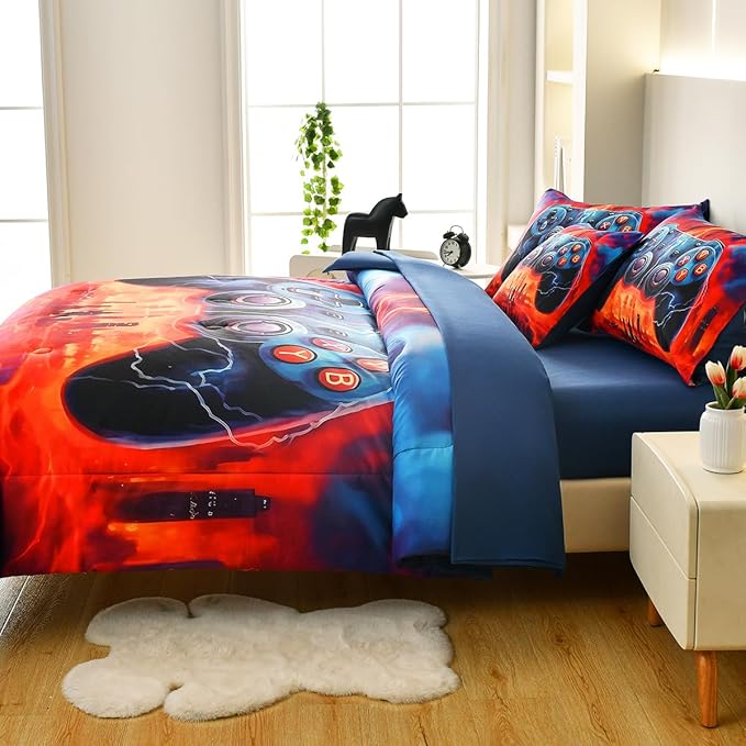 Game Console Twin Comforter Set with Sheets, Microfiber 6 Pcs Bed in A Bag Twin Size Gamer Bedding Set for Boys Kids Teens
