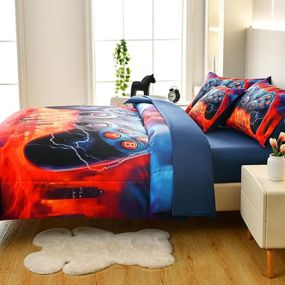 Game Console Full Comforter Set with Sheets, Microfiber 6 Pcs Bed in A Bag Full Size Gamer Bedding Set for Boys Kids Teens