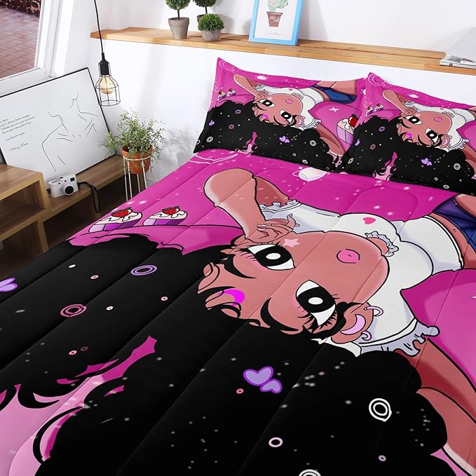 African American Black Girl Comforter Set, Twin Size Bedding Set for girls, Pink Black Girls Bedroom Decor Bed Set, Princess Bedding Set with 1 Comforter and 2 Pillow Cases