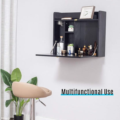 YU YUSING Wall Mounted Table, Multifunctional Fold Down Wall Mounted Laptop Computer Desk with Storage Compartments for Home, Office (Black)