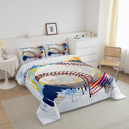 Erosebridal Baseball Comforter Set for Boys Kids Full Grunge Graffiti Baseball Bedding Set Sports Theme Bed Comforter Sets Watercolor Hippie Tie Dye Quilt Duvet 2 Pillow Cases Hand Drawn Navy