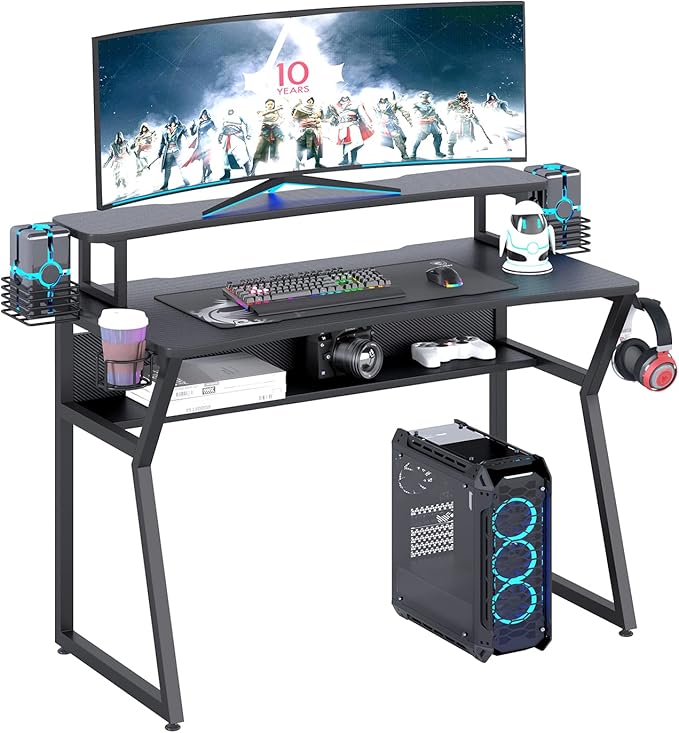 Gaming Desk, Computer Desk with Large Monitor Stand and Open Shelf,Gamer Table Workstation with Cup Holder, Headphone Hook, 2 Speaker Stand for Home Office (Black Carbon Fiber)