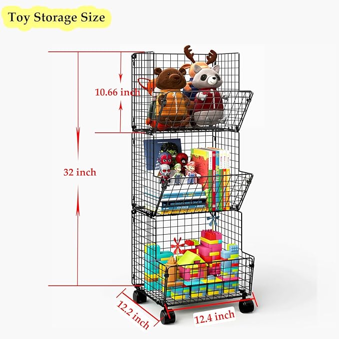 3 Tier Metal Wire Baskets - Toy Organizer Basket Shelf with Wheel, S-Hooks, Rolling Cart Hanging Storage Baskets for Child Room, Playroom, Bedroom, Kitchen (Black)
