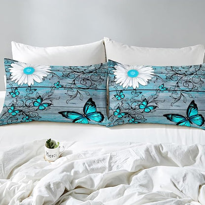 Butterfly Bedding Sets for Girls Teens Women Bedroom Rustic Flower Comforter Set,Blue Butterflies White Chic Floral Duvet Set Retro Vintage Romantic Style Quilt Set Full Size Soft Lightweight