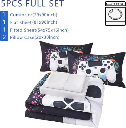 KAKKI 5 Piece Boys Full Gamer Comforter Set with Sheets, 3D Colorful Video Game Controller Comforter for Kids Teen, All Season Soft Microfiber Gaming Bedding Set(White,Full)