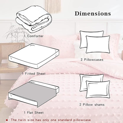 7 Pieces Tufted Dots Bed in a Bag King Comforter Set with Sheets Pink , Soft and Embroidery Shabby Chic Boho Comforters, Solid Color with Pom Pom Design, Jacquard Tufts Bedding Set for All Season