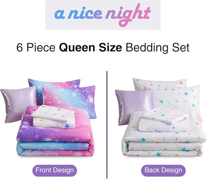 A Nice Night 6Pcs Gradient Glitter Bedding Set for Girls, Colorful Rainbow Galaxy Comforter Set, Ultra Soft Bedding Sets (Purple,Queen 6Pcs)