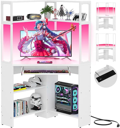 Cyclysio Small Corner Desk with Hutch, Heavy Duty Corner Computer Desk with Power Outlets & LED Light, Triangle Corner Gaming Desk with Keyboard Tray for Home Office, Small Space, Workstation White