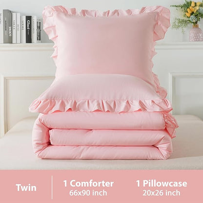 Andency Pink Ruffle Comforter Set Twin, 2 Pieces Kids Comforter Set Twin(66x90Inch), Lightweight Soft Girls Shabby Chic Bedding Comforter Set All Season Bed Set