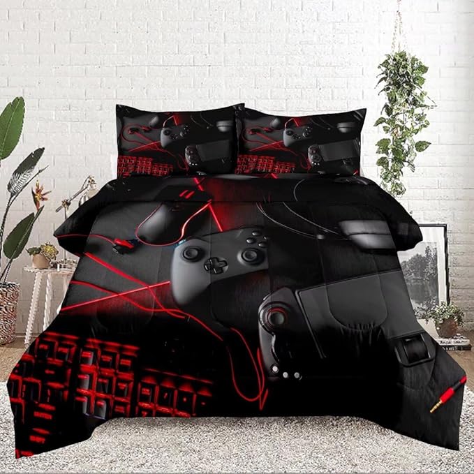 Gaming Comforter for Boys Teens,Game Bedding Sets Full,Kids Gamer Comforter Set,Video Game Bedroom Decor,Gamepad Controller Duvet Insert All Season 3 Piece 1 Comforter and 2 Pillowcases