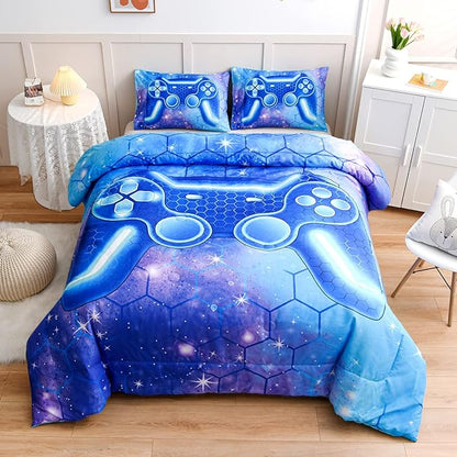 NTBED Game Console Comforter Set for Boys Girls Kids 3D Gaming Geometric Lightweight Microfiber Bedding Sets (Blue Purple, Twin)