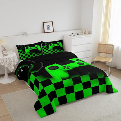Gamer Comforter Set for Boys Home Decor Full 3pcs,Green Buffalo Plaid Check Novelty Bedding Set Microfiber Soft,Game Reversible Warm Duvet Insert,Gaming Gamepad Down Comforter with 2 Pillowcases