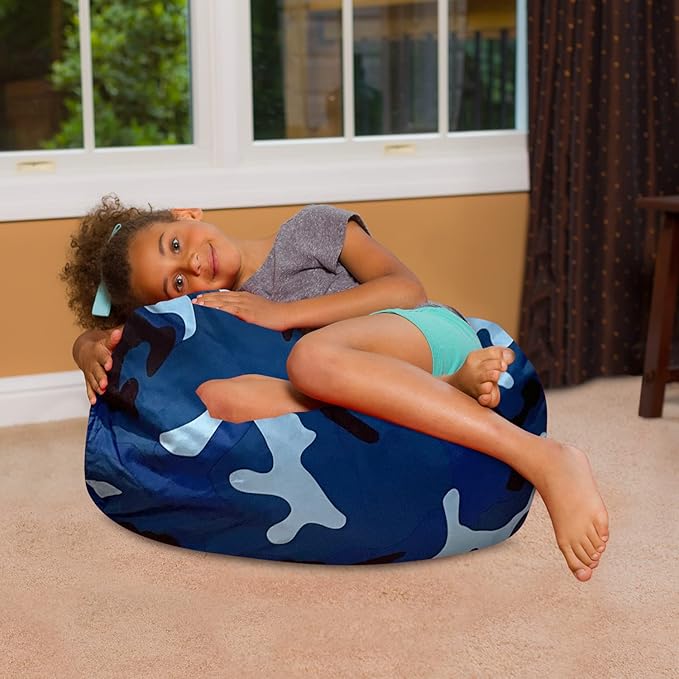 Posh Creations Bean Bag Chair for Kids, Teens, and Adults Includes Removable and Machine Washable Cover, Soft Nylon - Camo Blue and Light Blue, 27in - Medium