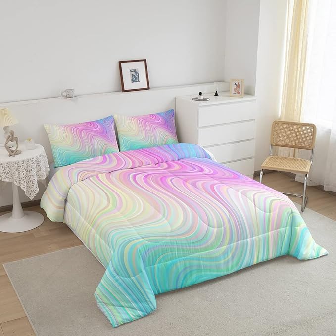 Pastel Rainbow Comforter Set with Pillowcases Abstract Wave Stripes 3D Printed Designs 3 Piece Bedroom Duvet Set Psychedelic Girl Bed Down Comforter for Kids Women Dorm Room (King,Coulourful Marble)