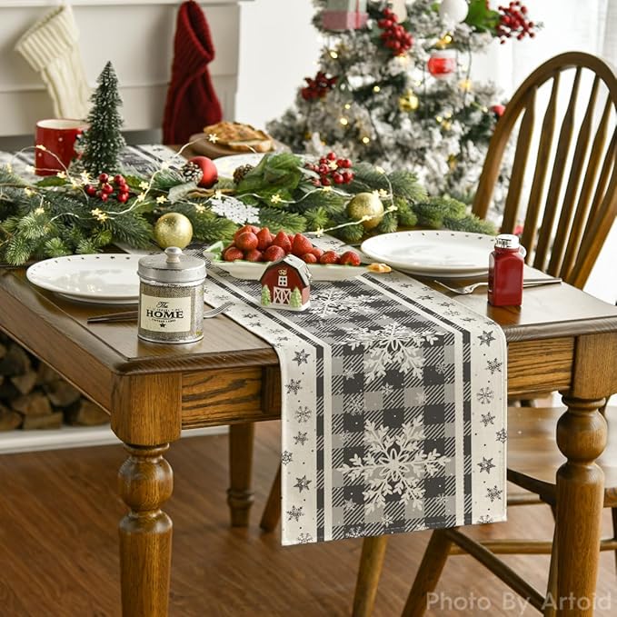 Artoid Mode Grey Buffalo Plaid Snowflakes Christmas Table Runner, Seasonal Winter Kitchen Dining Table Decoration for Home Party Decor 13x72 Inch