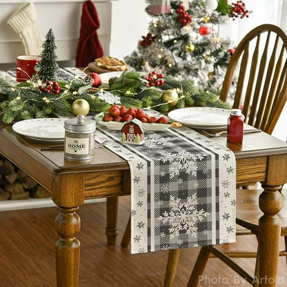 Artoid Mode Grey Buffalo Plaid Snowflakes Christmas Table Runner, Seasonal Winter Kitchen Dining Table Decoration for Home Party Decor 13x72 Inch