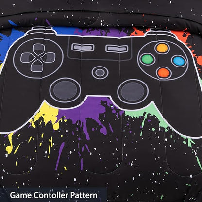 8Pcs Gamer Comforter Set with Sheets for Boys Girls Kids Teens, Colorful Graffiti Gaming Themed Bed in A Bag Twin Size, Black 3D Video Game Controller Bedroom Decor Bedding Set-Black