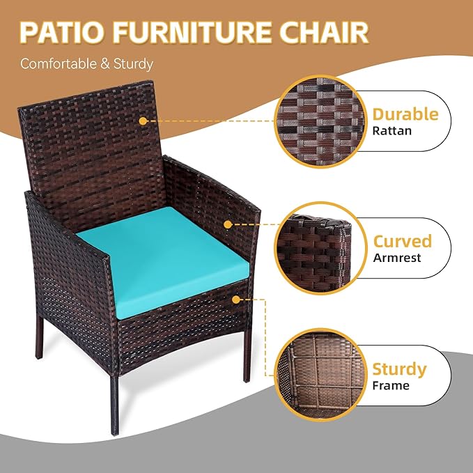 Patio Furniture Set 3 Pieces All-Weather Rattan Outdoor Furniture Patio Chairs with Tempered Glass Table for Porch Bistro Balcony Bistro Set(Brown/Blue)