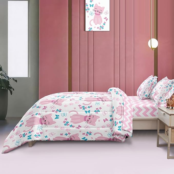 Kids Cat Bedding Twin Size Bed in a Bag, Cute Pink Animal Comforter Set for Teen Girls Bedroom Decor, Kawaii Floral Butterfly Bedding Sets & Collections