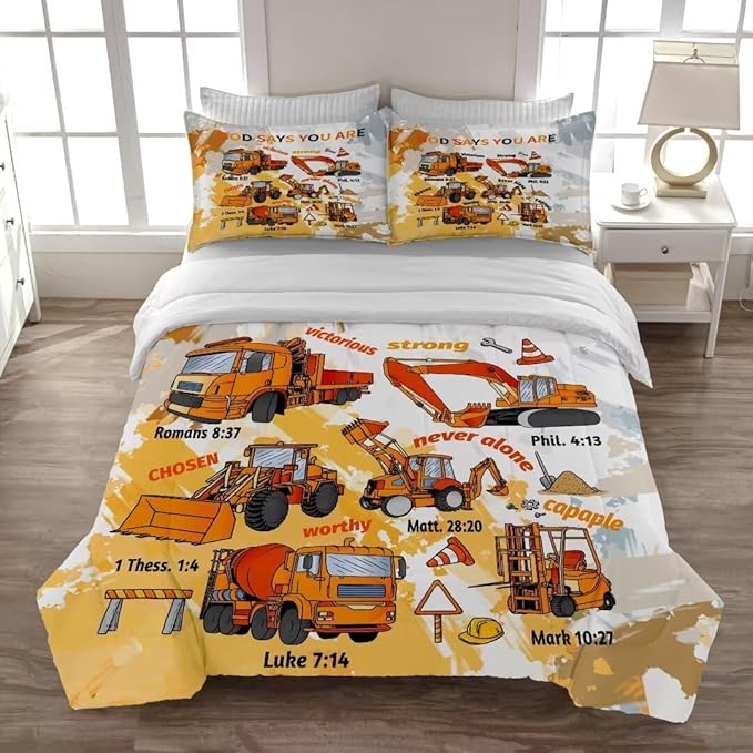 Kids Construction Vehicles Truck Comforter for Boys Twin,Cartoon Car Excavator Tractor Bedding Set,Construction Christian Spirational Quotes Comforter with 2 Pillowcases Yellow