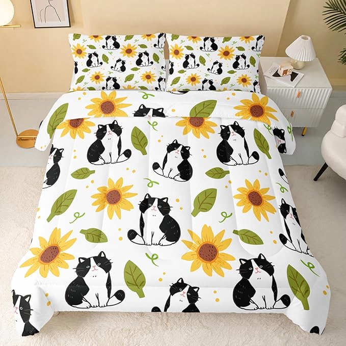 Kawaii Cat Comforter Full Size,Sunflower Cat Comforter Set for Kids Teens Girls Boys,3Pcs Bedding Set Printed Comforter with 2 Pillowcases,Down Alternative,Soft and Lightweight，Full Size