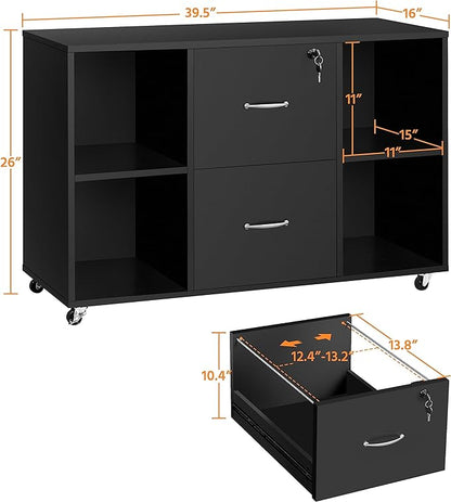 Yaheetech Black File Cabinet Large Mobile Storage Lateral Filing Cabinet with 2 Drawer and 4 Open Compartments,for Letter Size A4 Size, Printer Stand for Home Office, Black