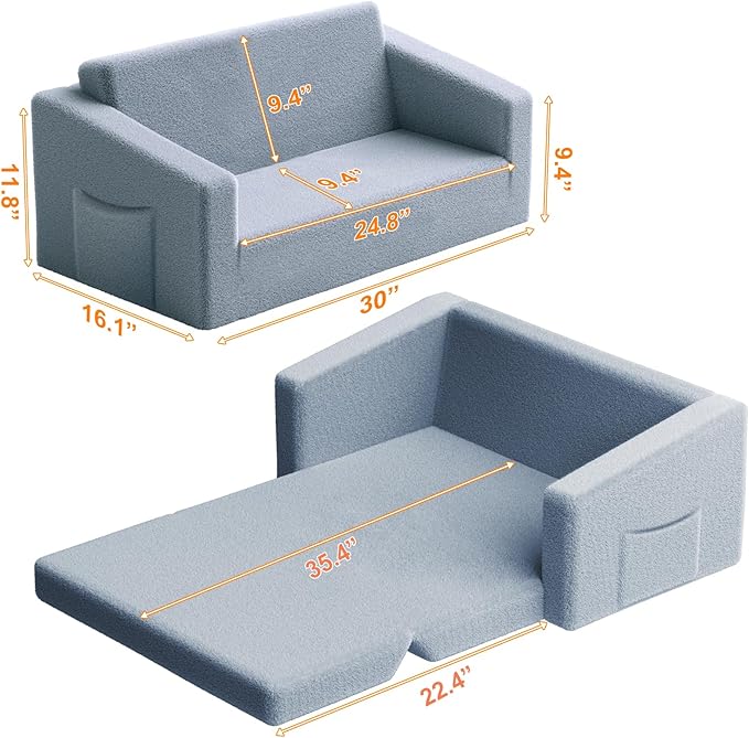 Extra Wide 2 Seater Kids Couch, 2-in-1 Toddler Chairs for Boys & Girls, Kids Sofa with Storage, Comfortable Mini Couch for Kids, Fun Kids Lounge Chair, Toddler Furniture,Children's Gifts(Grey)
