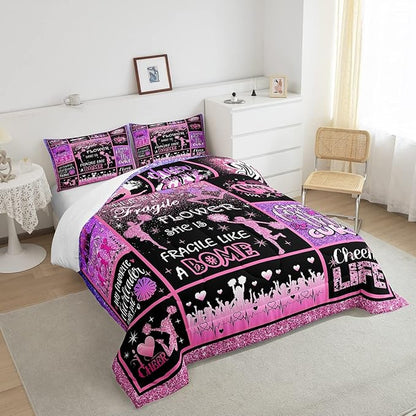 Cheerleading Comforter Set Cheer Gifts,Cheerleader Loves Bedding Set for Kids Girls Teens Adult,Cheer Pink (no real) Sequins Quilt Set Twin Geometric Plaid Patchwork Duvet Insert with 1 Pillowcase