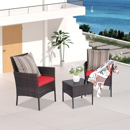 Patio Furniture Set 3 Pieces All-Weather Rattan Outdoor Furniture Patio Chairs with Tempered Glass Table for Porch Bistro Balcony Bistro Set(Brown/Red)