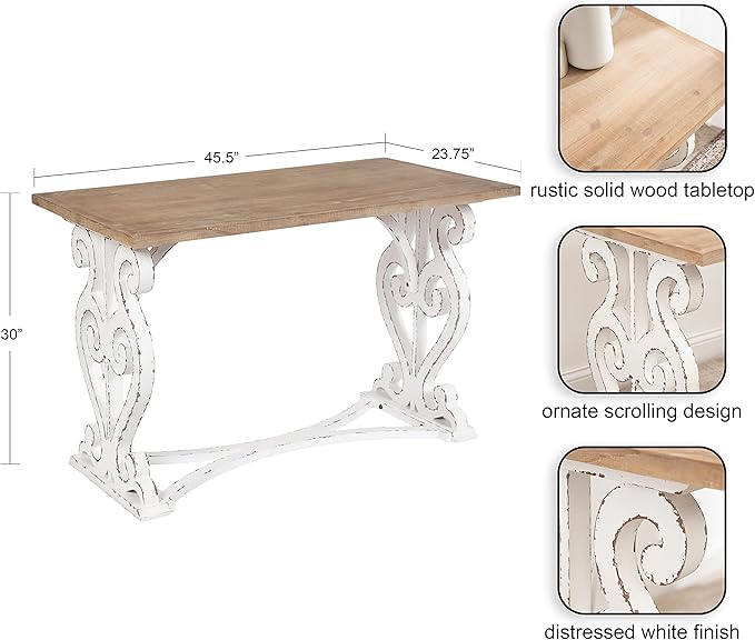Kate and Laurel Wyldwood Farmhouse Wooden Desk, 46 x 24 x 30, Brown and White, Rustic Carved Wood Computer Desk for Functional and Stylish Home Office Decor