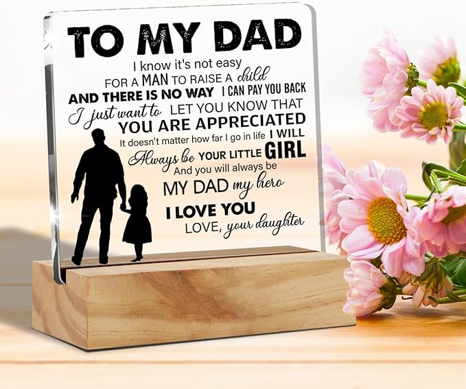 Father Gift Dad Gifts From Daughter, to My Dad My Hero Quote Desk Decor Acrylic Desk Plaque Sign with Wood Stand Home Office Desk Sign Keepsake Present