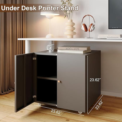 Mobile Mobile Printer Stand with Storage, Lateral Filing Cabinet with Adjustable Shelf, Under Desk Black Small Rolling Printer Table Work Cart with Wheels Organizer Spaces for Office