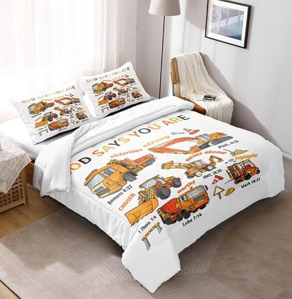 Kids Construction Vehicles Truck Comforter for Boys Twin,Cartoon Car Excavator Tractor Bedding Set,Construction Christian Spirational Quotes Comforter with 2 Pillowcases White