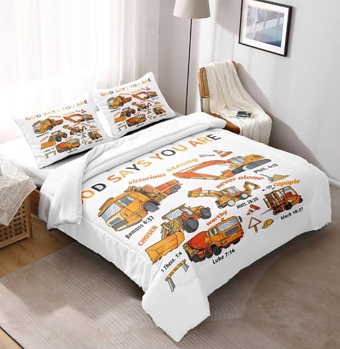 Kids Construction Vehicles Truck Comforter for Boys Full,Cartoon Car Excavator Tractor Bedding Set,Construction Christian Spirational Quotes Comforter with 2 Pillowcases White
