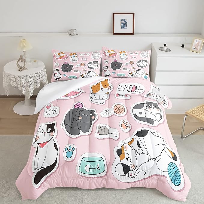 CVHOUSE Cat Bedding,Cartoon Cat Comforter Queen,Animals Print Comforter Set for Kids,Kawaii Quilt Set with 1 Comforter and 2 Pillow Cases