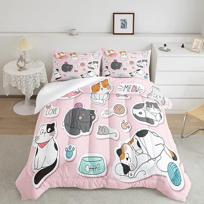 CVHOUSE Cat Bedding,Cartoon Cat Comforter Full,Animals Print Comforter Set for Kids,Kawaii Quilt Set with 1 Comforter and 2 Pillow Cases