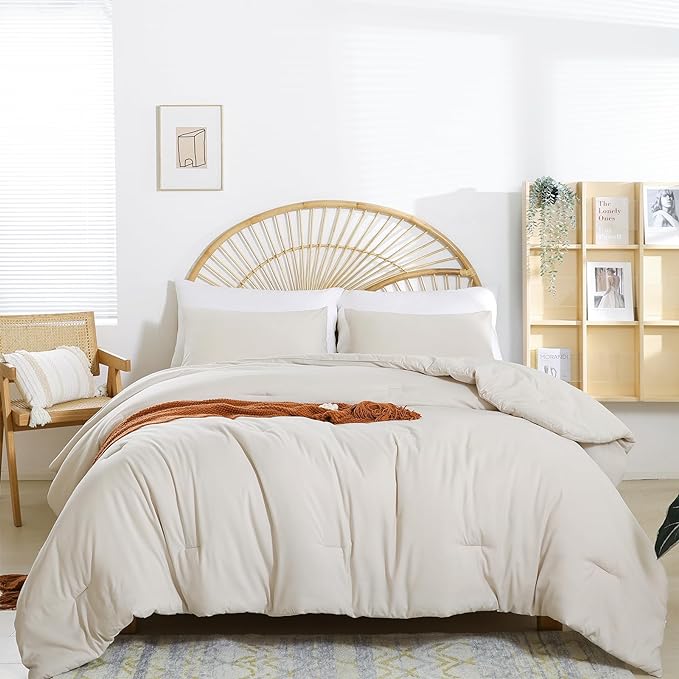 Beige Comforter Set King Size - 3 Pieces Lightweight Solid Bedding Comforter Set - All Season Fluffy Microfiber Bed Set (1 Comforter, 2 Pillowcases)