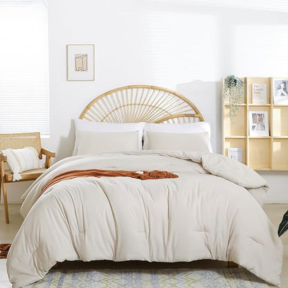 Beige Comforter Set King Size - 3 Pieces Lightweight Solid Bedding Comforter Set - All Season Fluffy Microfiber Bed Set (1 Comforter, 2 Pillowcases)
