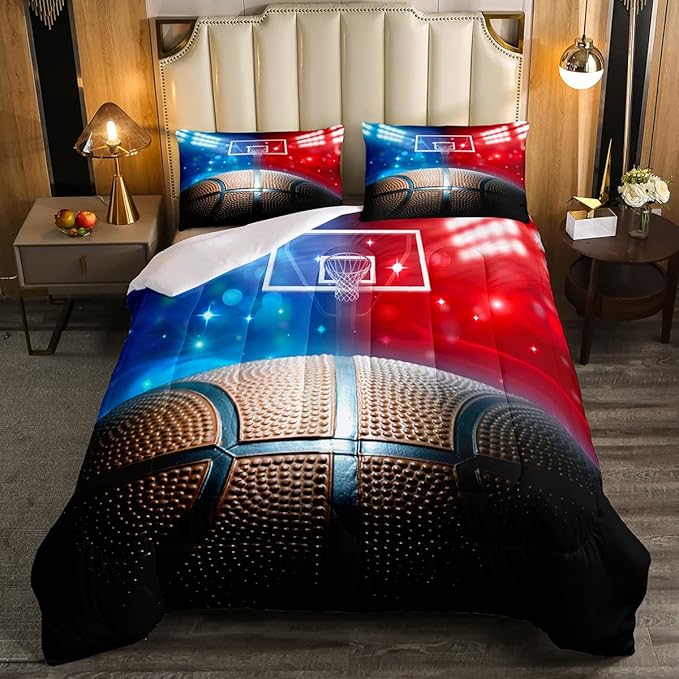 Erosebridal Basketball Comforter Set Queen for Kids Boys Teens Men,Sport Basketball Bedding Set Ball Games Down Comforter Red Blue Basketball Court Quilt Duvet Set Sports Room Decor 2 Pillow Cases