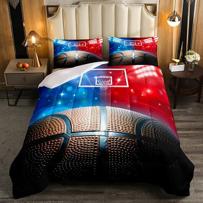 Erosebridal Basketball Comforter Set Queen for Kids Boys Teens Men,Sport Basketball Bedding Set Ball Games Down Comforter Red Blue Basketball Court Quilt Duvet Set Sports Room Decor 2 Pillow Cases