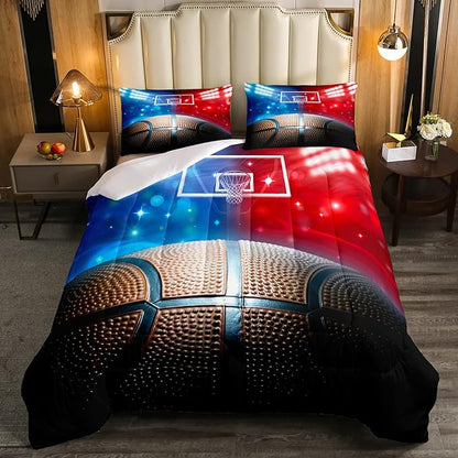 Erosebridal Basketball Comforter Set Full for Kids Boys Teens Men,Sport Basketball Bedding Set Ball Games Down Comforter Red Blue Basketball Court Quilt Duvet Set Sports Room Decor 2 Pillow Cases