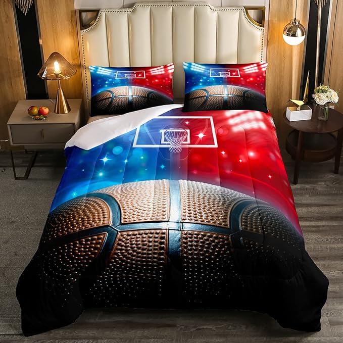 Erosebridal Basketball Comforter Set Twin for Kids Boys Teens Men,Sport Basketball Bedding Set Ball Games Down Comforter Red Blue Basketball Court Quilt Duvet Set Sports Room Decor 1 Pillow Case