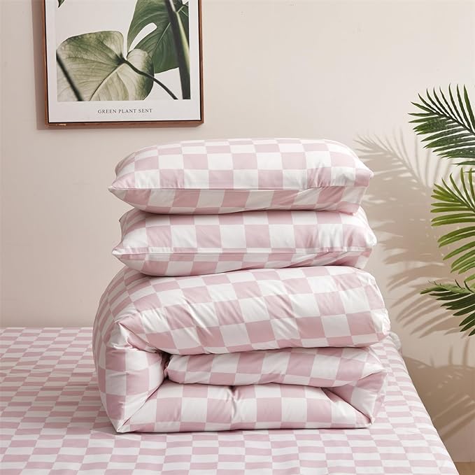 Pink Grid Comforter Set Queen Pink Plaid Bedding Set Women Pink and White Checkered Bed Comforter Set Girls Breathable Blanket Set Women Durable Bedding Comforter Set Queen