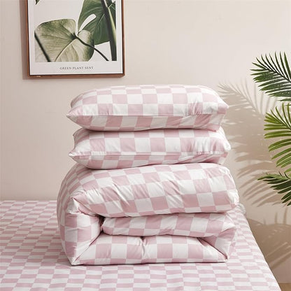 Pink Grid Comforter Set Queen Pink Plaid Bedding Set Women Pink and White Checkered Bed Comforter Set Girls Breathable Blanket Set Women Durable Bedding Comforter Set Queen