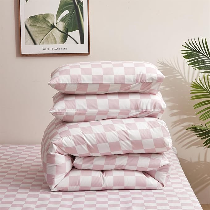 Pink White Grid Comforter Set King Pink Plaid Bedding Set Women Pink and White Checkered Bed Comforter Set Breathable Blanket Set Men Durable Bedding Comforter Set