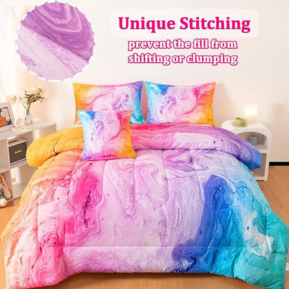 Girls Twin Bedding Sets, 6 Pcs Pink Twin Szie Comforter Set with Sheets, Watercolor Marble Abstract Art Superior Bedding Set for Girls Kids