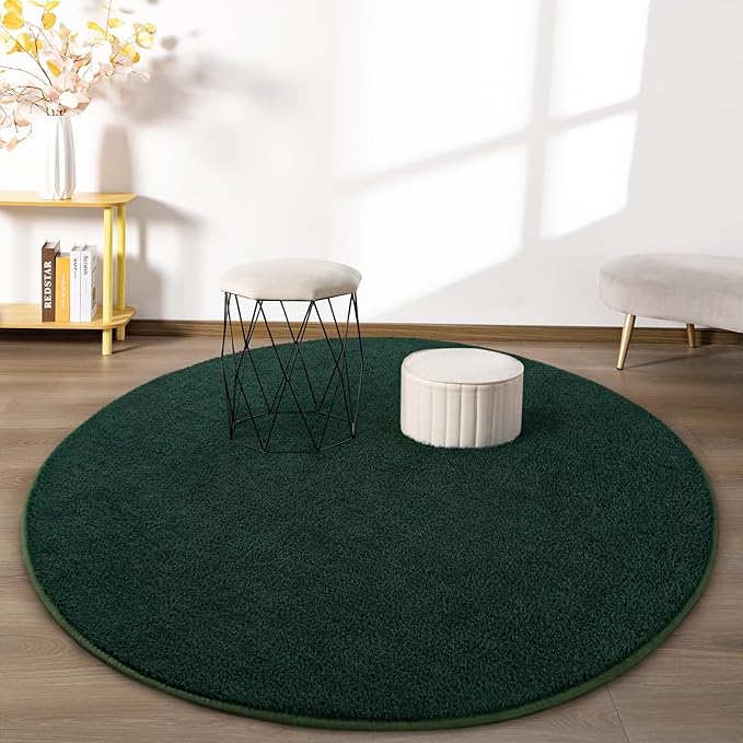 Round Area Rugs for Bedroom Living Room, 5x5 Dark Green Super Soft Comfy Thickened Memory-Foam Indoor Circle Carpet, Modern Aesthetic Minimalist Carpet for Boys Girls Adults Nursery Home Décor