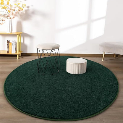 Round Area Rugs for Bedroom Living Room, 5x5 Dark Green Super Soft Comfy Thickened Memory-Foam Indoor Circle Carpet, Modern Aesthetic Minimalist Carpet for Boys Girls Adults Nursery Home Décor