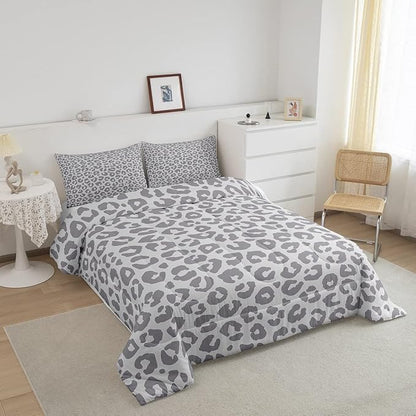 Leopard Print Bedding Set Silver Gray Leopard Comforter Set for Boys Girls Kids Cheetah Printed Comforter Africa Wild Animal Skin Theme Duvet Set Room Decor Full Size Quilt Set 3Pcs