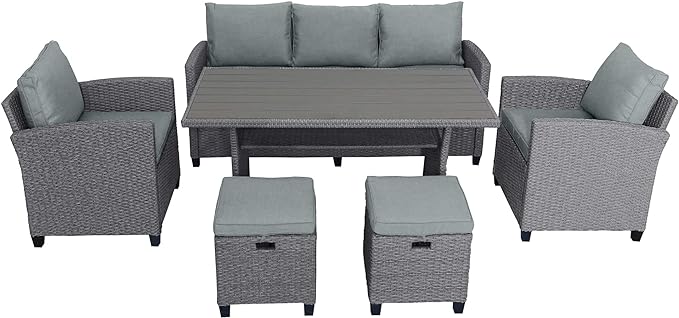 Outdoor Rattan Sectional Sofa with Dining Table, Chairs and Stools for Garden Backyard, 6-Piece Patio Furniture Set All-Weather Wicker Conversation Couch, Onesize, Gray